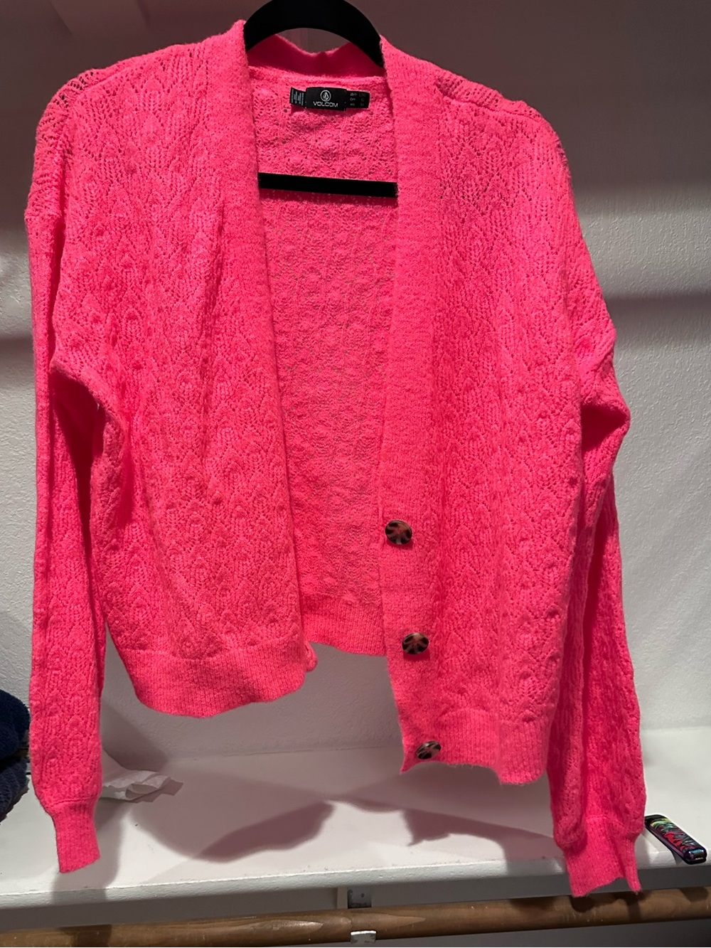 Volcom Neon Pink Open-Front Knit Cardigan with Buttons